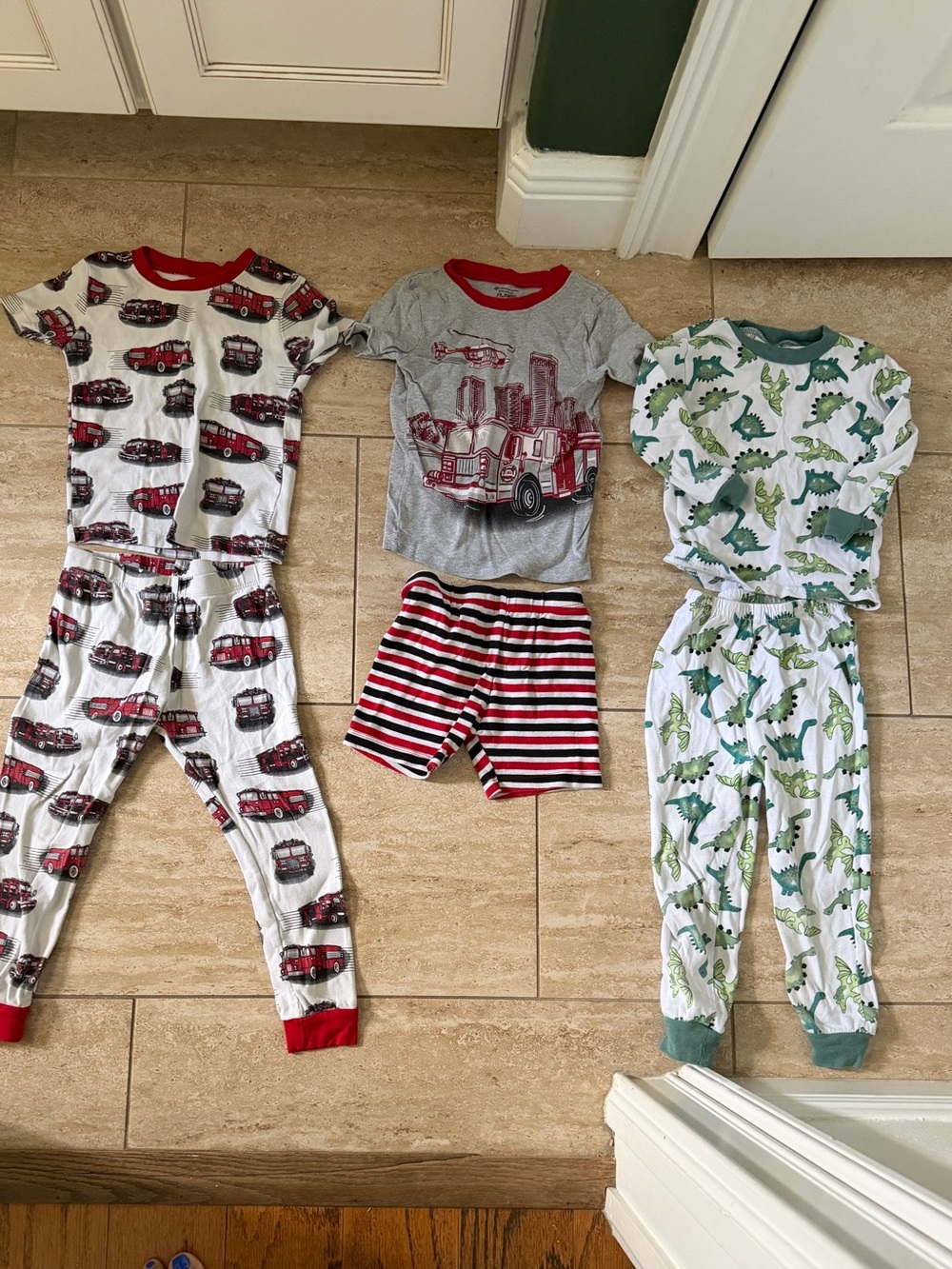 Kids Fire Truck & Dino Pajama Set - Red, Gray, Green